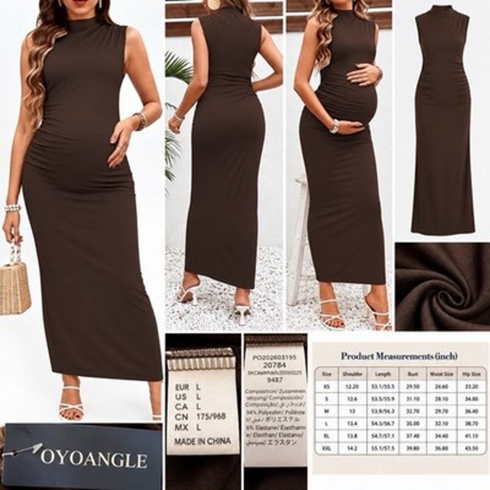 OYANGLE Maternity Maxi Dress Mock Neck Sleeveless Ruched Brown Women’s Large
